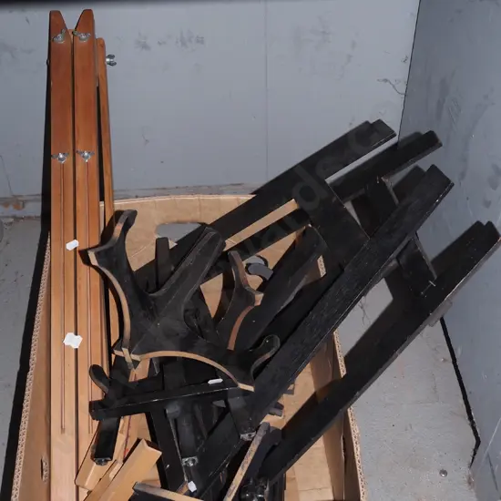 box; large plate stands, easels