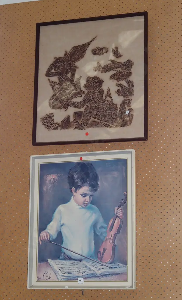 Indonesian temple rubbing, framed print - boy and violin - red dots Image 1++