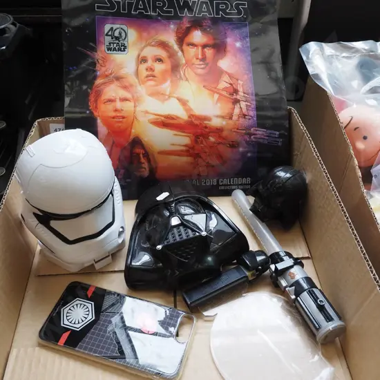 box; Star Wars items, calendar etc