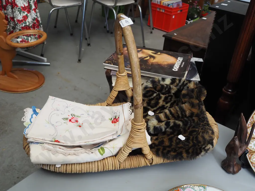 cane basket, hand worked embroidery, faux fur hat Image 1++
