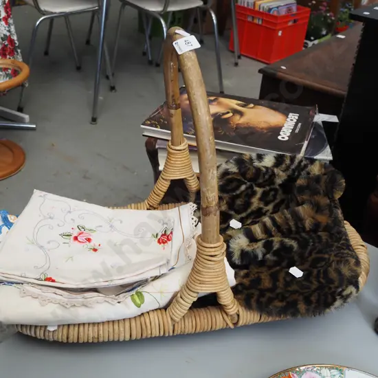 cane basket, hand worked embroidery, faux fur hat