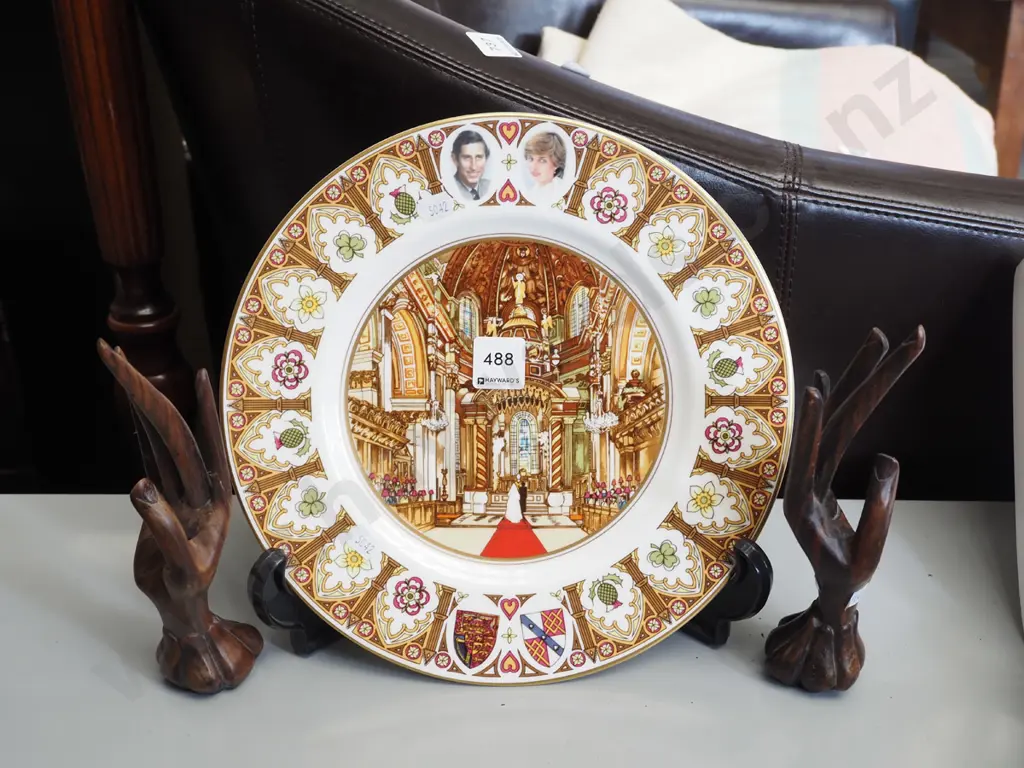 2x wooden hand ring holders, Coalport Charles and Diana wedding plate Image 1++