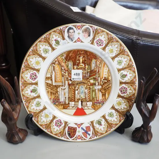 2x wooden hand ring holders, Coalport Charles and Diana wedding plate