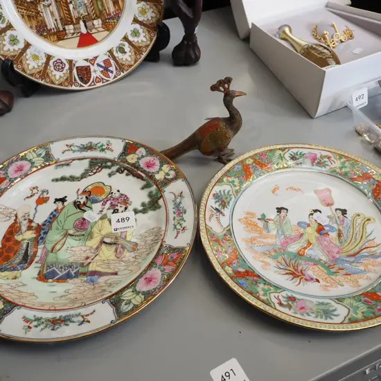 2x Chinese dishes, small brass peacock