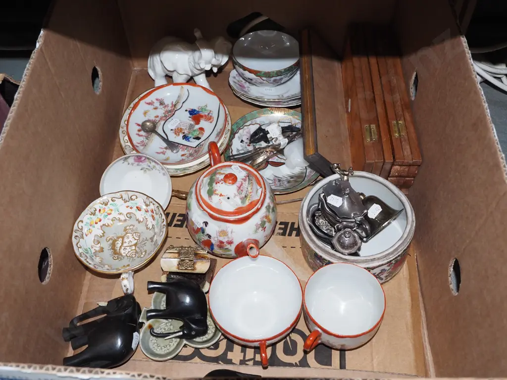 box; tea cups, teapot, plated ware open salts etc Image 1++