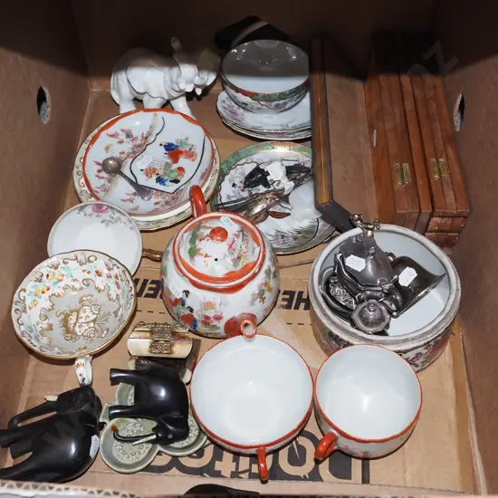 box; tea cups, teapot, plated ware open salts etc