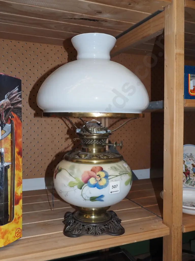 hand painted milk glass kerosen lantern - blue tac holding lamp on Image 1++