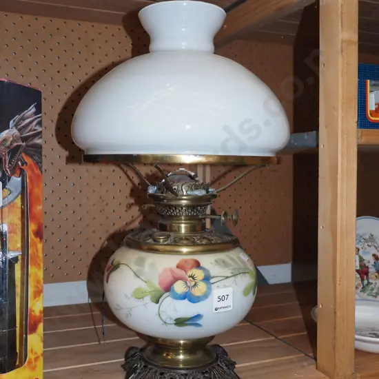 hand painted milk glass kerosen lantern - blue tac holding lamp on