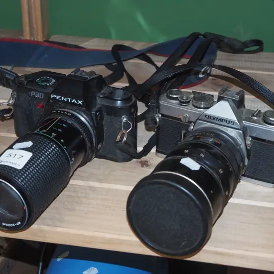 Pentax P30 and Olympus OM-1 35mm film cameras
