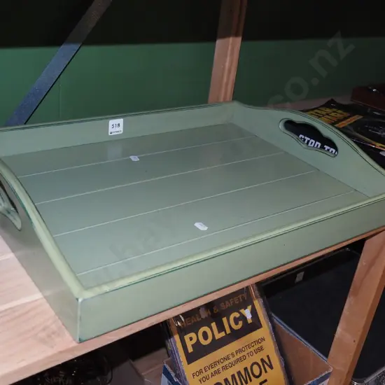 green painted wooden tray