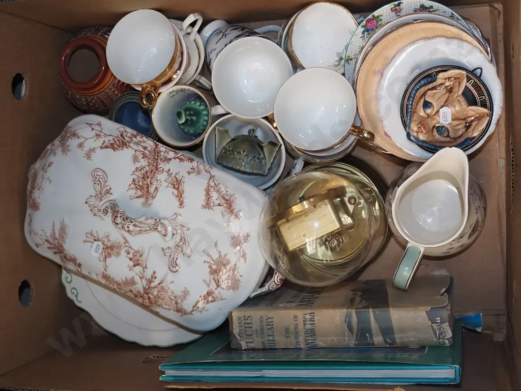 box; books, anniversary clock, lidded vege etc Image 1++