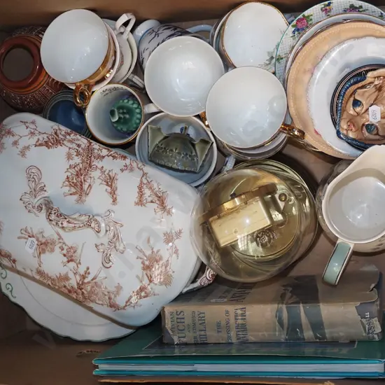 box; books, anniversary clock, lidded vege etc