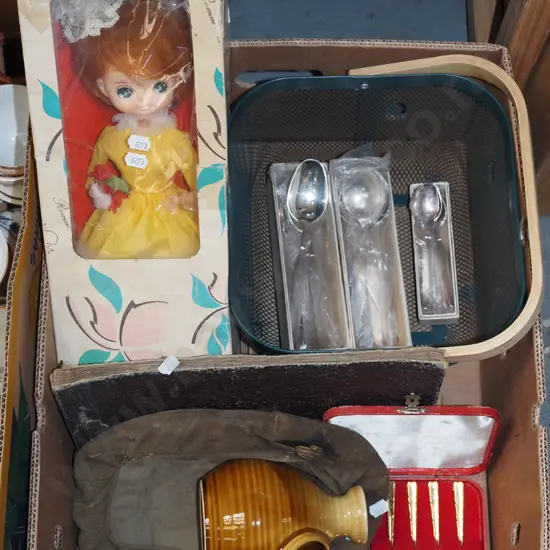 box; metal basket, doll, cutlery etc