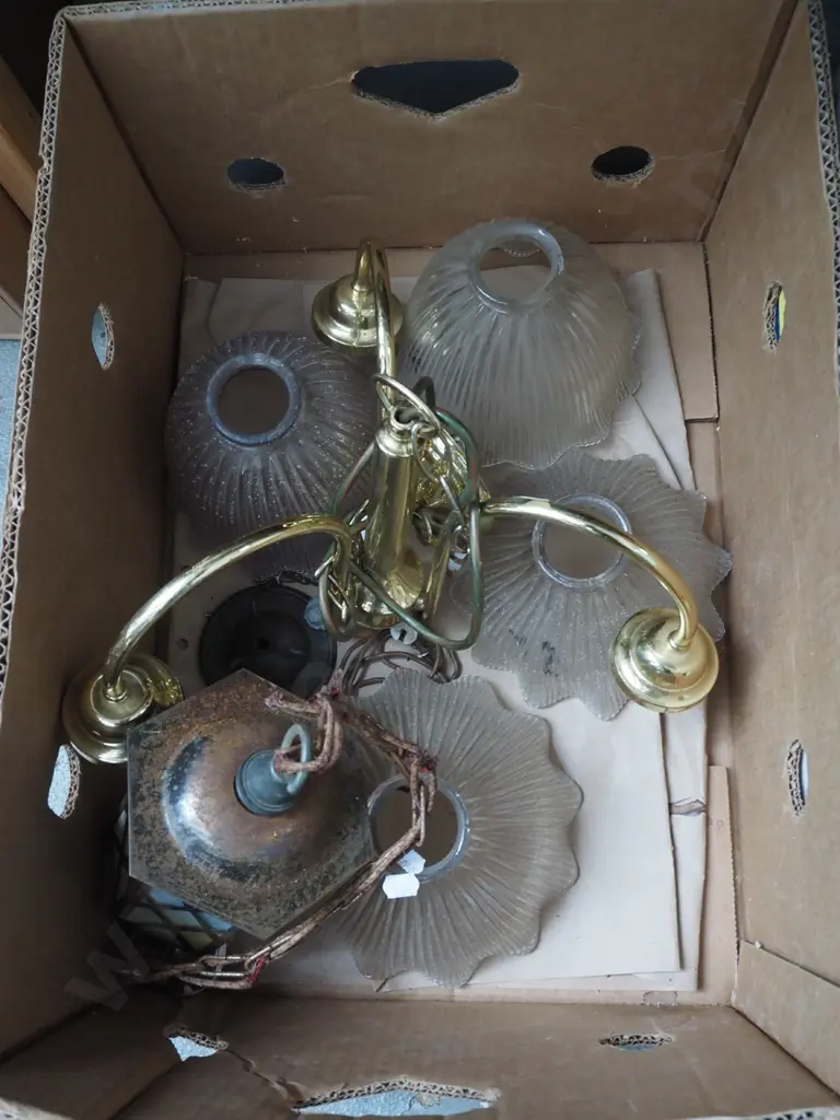 brass pendant 3 bulb  light fitting - mismatched shade, 1 other light fitting Image 1++