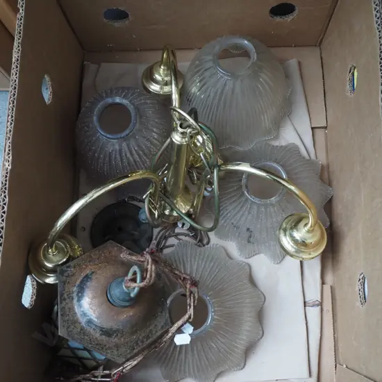 brass pendant 3 bulb  light fitting - mismatched shade, 1 other light fitting