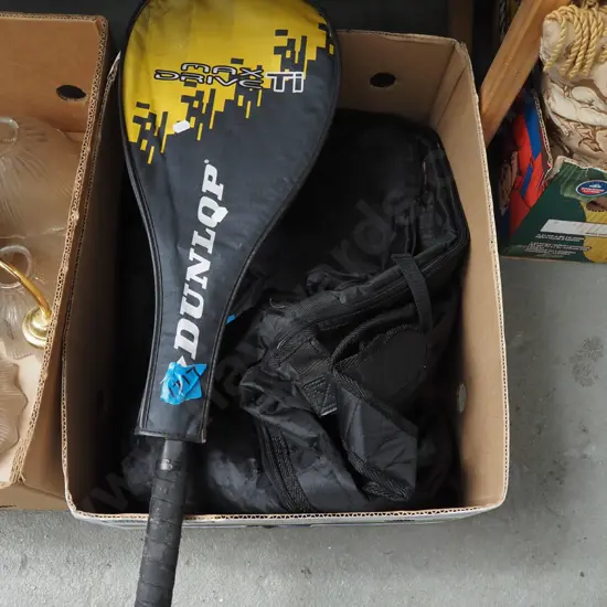 box; guitar case, squash racket