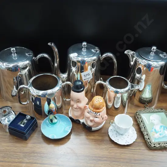 plated coffee pot, salt and pepper etc