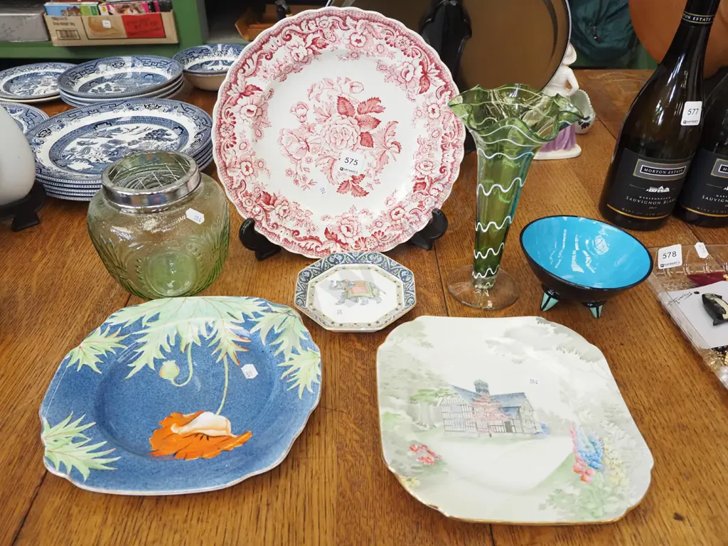 Spode plate, green glass vases etc Image 1++