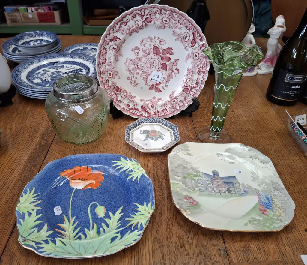 Spode plate, green glass vases etc Image 1++