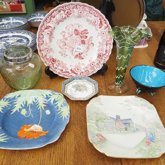 Spode plate, green glass vases etc