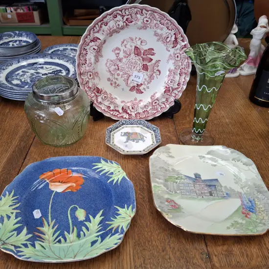 Spode plate, green glass vases etc