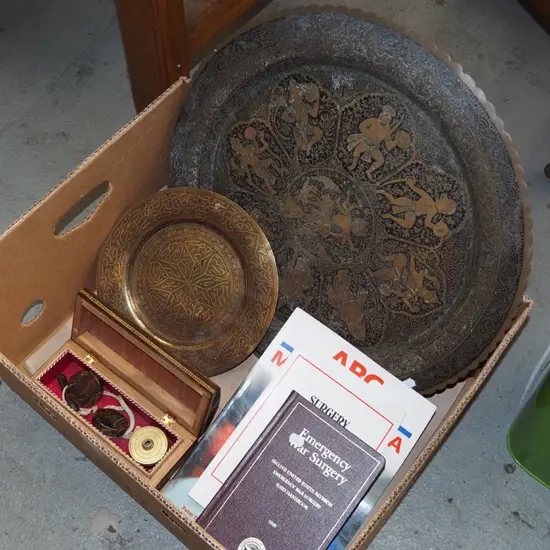 box; brass dish and tray, war surgery books etc