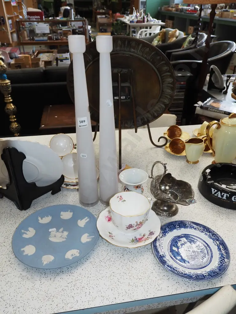 2x tall white glass candlesticks, sugar scuttle, cup, saucer etc Candlestick H450 Image 1++