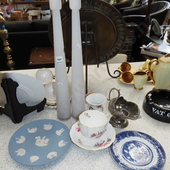 2x tall white glass candlesticks, sugar scuttle, cup, saucer etc Candlestick H450