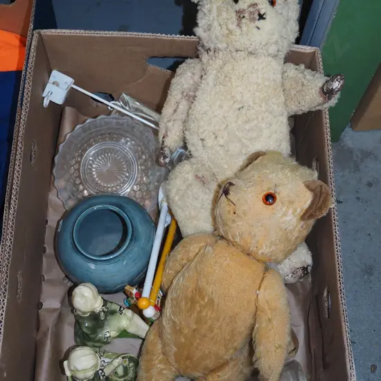 box; vintage teddy bears, glass bottles, bookends etc