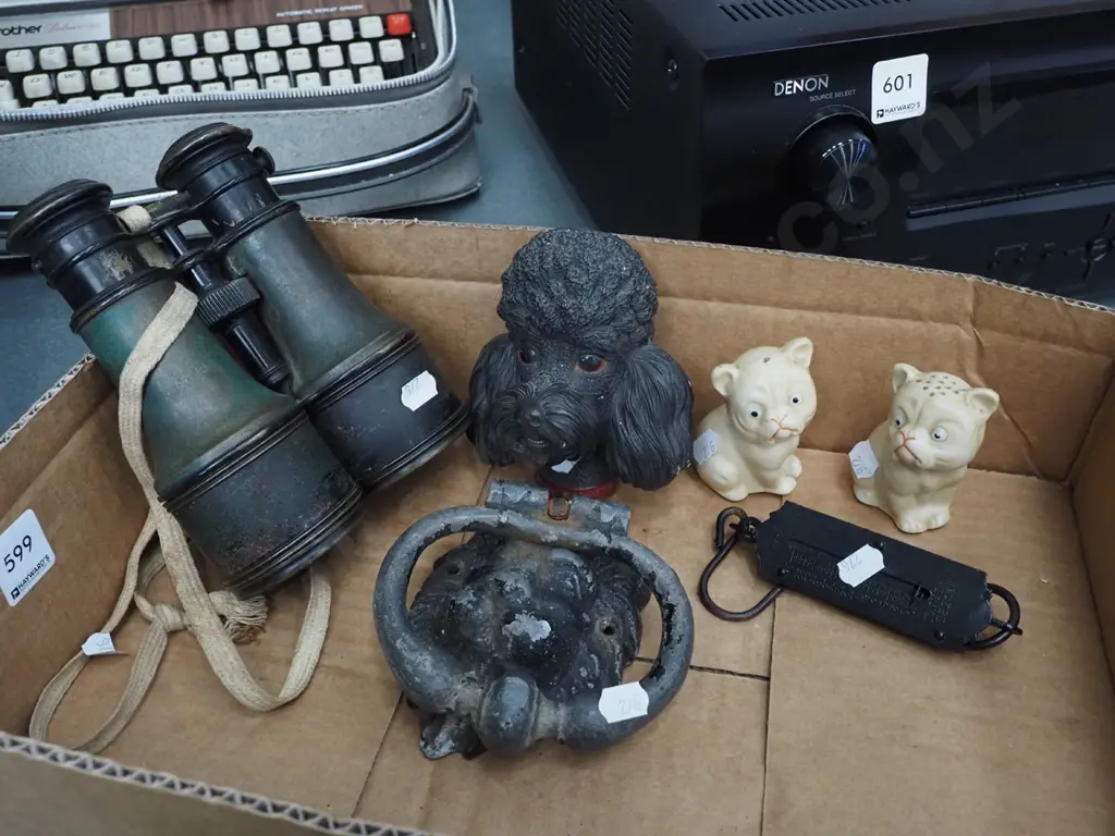 box; vintage binoculars, door knocker, salt and peppers Image 1++