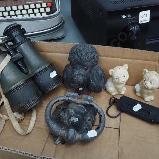 box; vintage binoculars, door knocker, salt and peppers