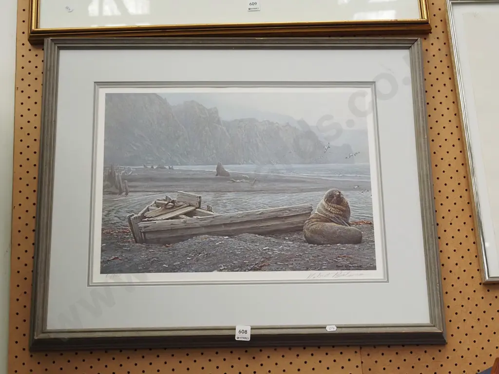 framed ltd edition print - sea lions on beach - no glass Image 1++