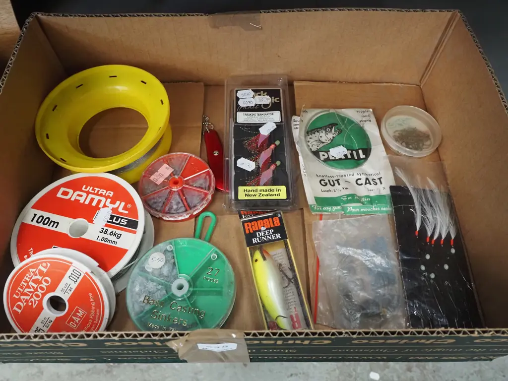 box of fishing tackle, lures, lines etc Image 1++