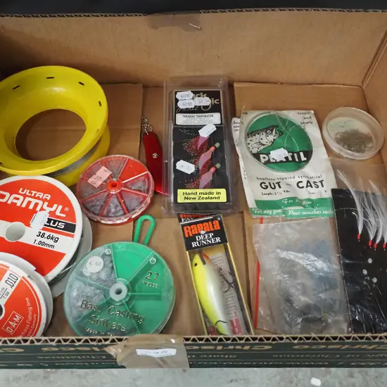 box of fishing tackle, lures, lines etc