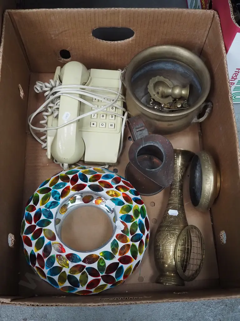 box; brass ware, copper jug, phone etc Image 1++