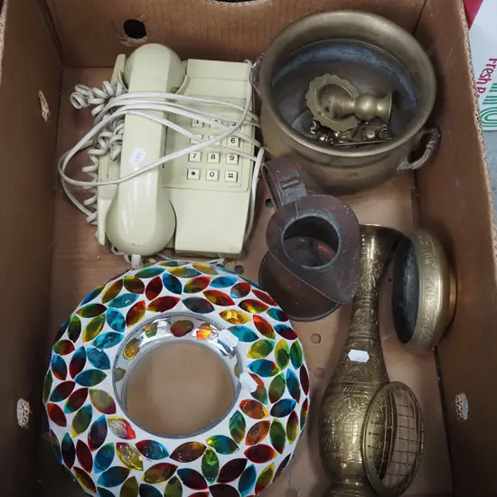 box; brass ware, copper jug, phone etc