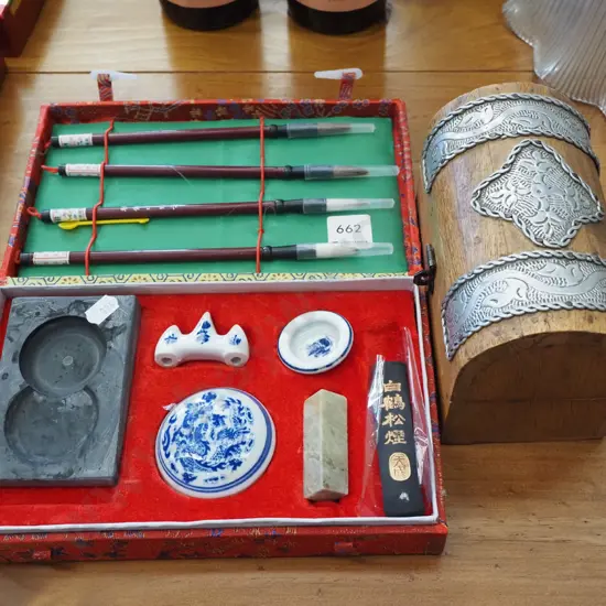 Asian presentation calligraphy set, small wooden roll top lidded box H100