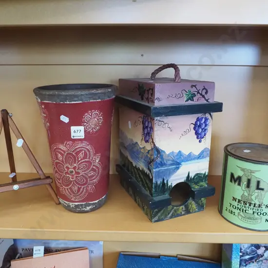 easel, vase, bird house, Milo tin