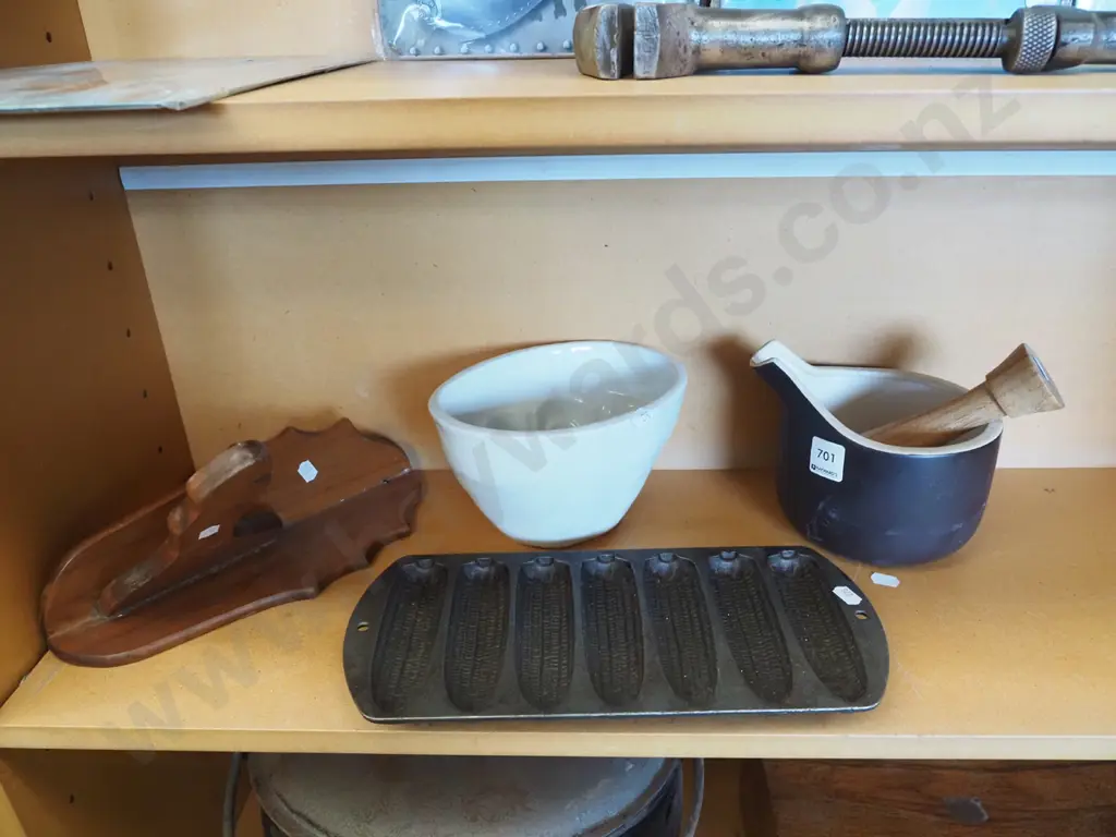 shelf; wooden coat hook, jelly mould , mortar and pestle etc Image 1++