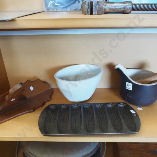 shelf; wooden coat hook, jelly mould , mortar and pestle etc
