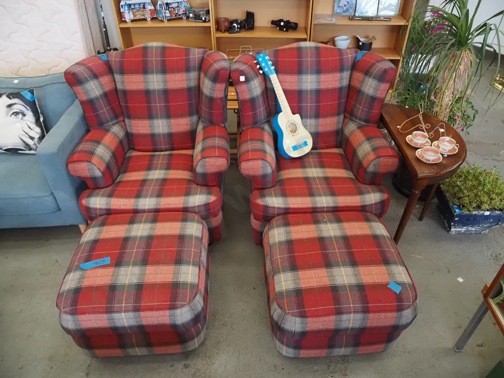 pair of tartan checked wingback armchairs with matching footstools Image 1++