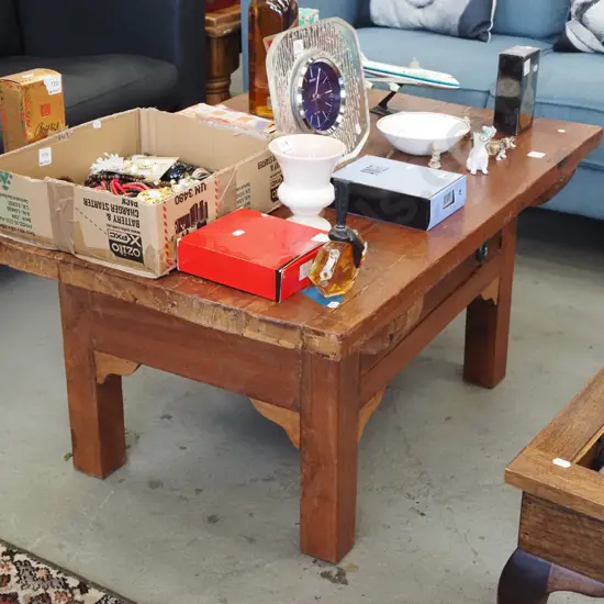 rustic hardwood coffee table with 1 drawer, metal drop handles H490 W1020 D700