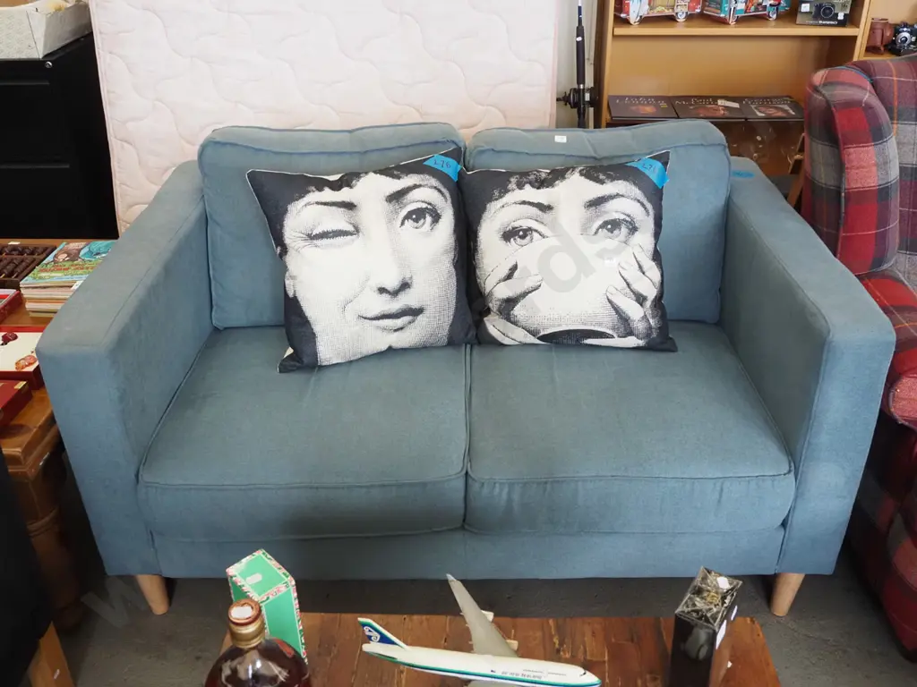 blue upholstered 2 seater settee - good condition H700 W1400 D850 Image 1++