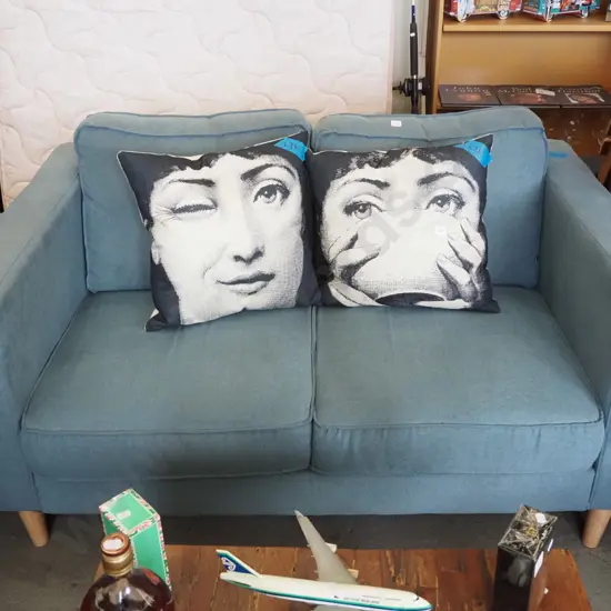 blue upholstered 2 seater settee - good condition H700 W1400 D850