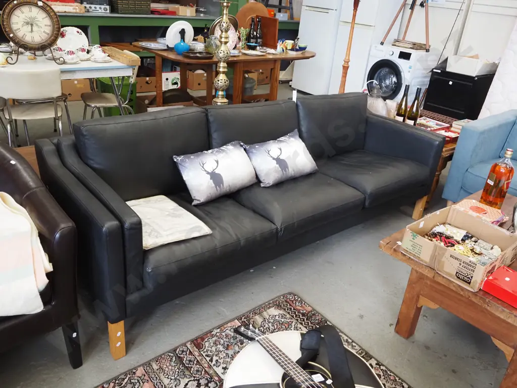 black leather upholstered modern 3 seater settee - as new condition Image 1++