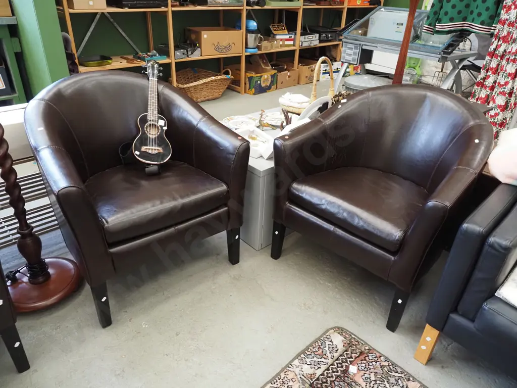 2x brown vinyl tub chairs - red dots Image 1++