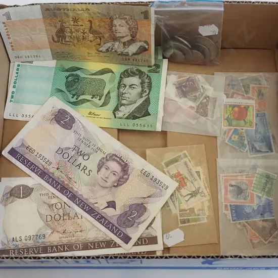 box of coins, stamps, bank notes