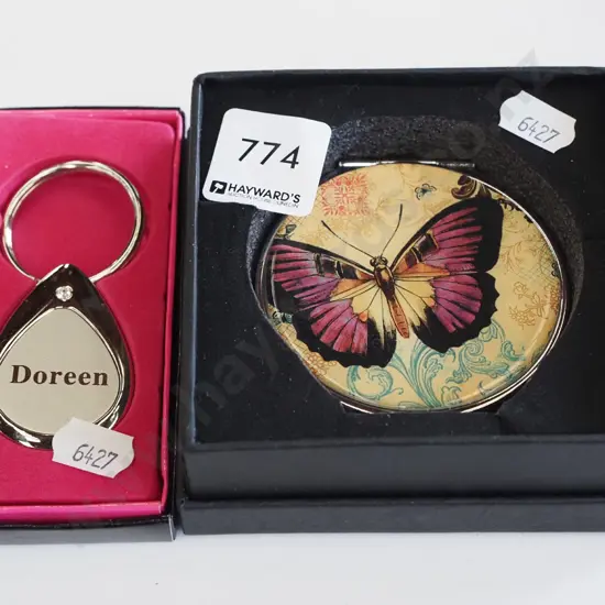key ring, butterfly themed compact