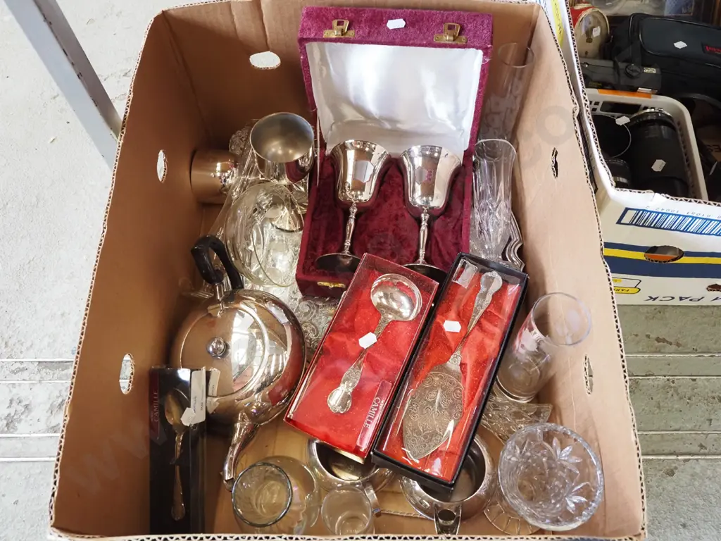 box; plated goblets, crystal vase, teapot etc Image 1++