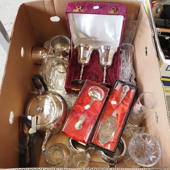 box; plated goblets, crystal vase, teapot etc